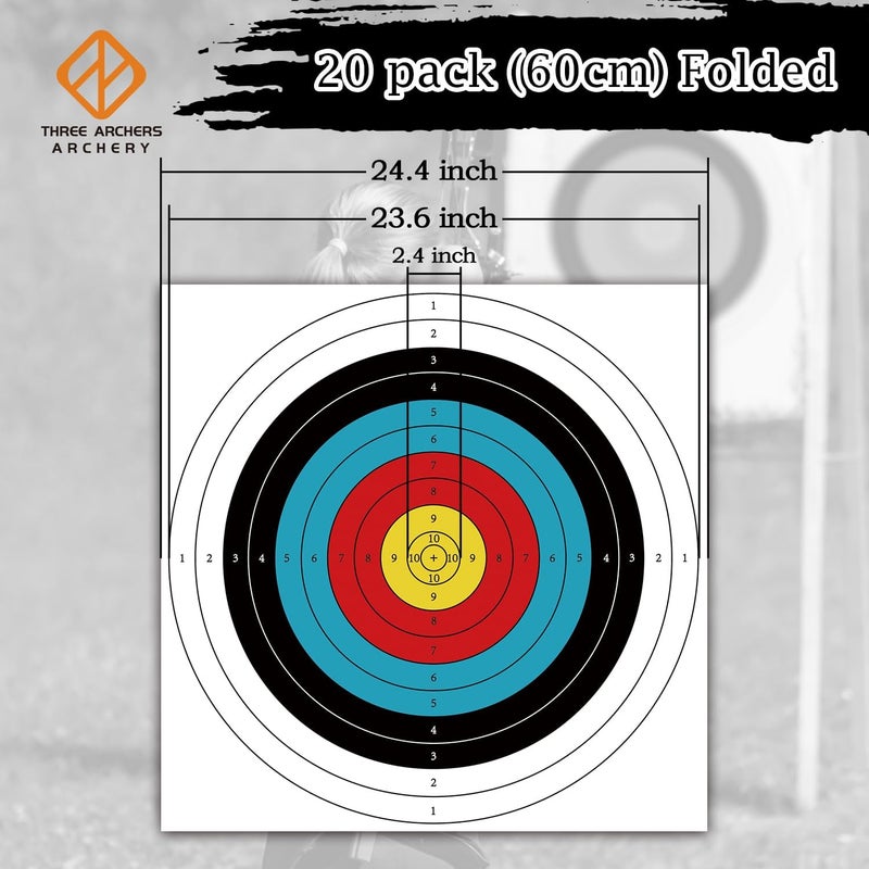 THREE ARCHERS أهداف الرماية ورقية 20 قطعة هدف رماية قياسي للفناء الخلفي 23.6 إنش 10 حلقة أهداف قوس وسهم للصيد والرماية ملحقات الرماية للتدريب على الأهداف - Image 2